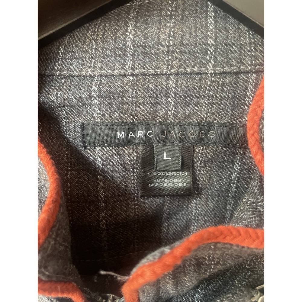 Marc Jacobs Vintage Denim Plaid Zipper Biker Jacket Sz L Mens Blue/ Gray/ Orange - Picture 3 of 16